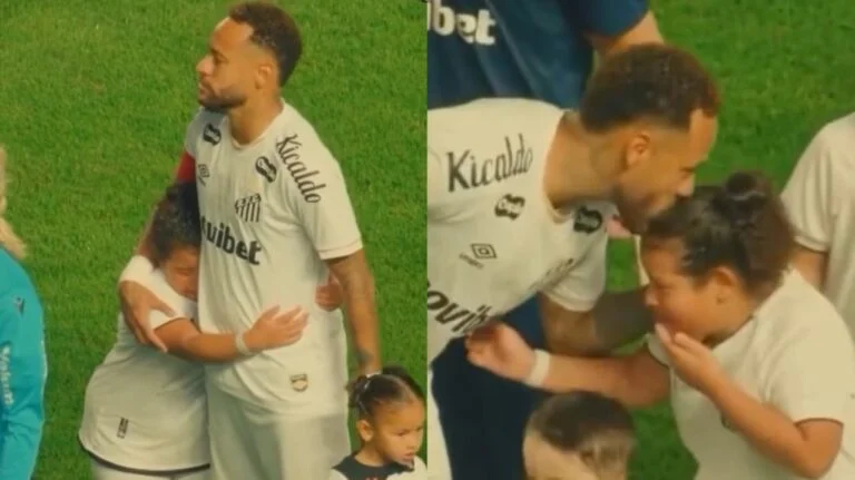 Emocionante: criança cai no choro ao abraçar Neymar em campo e momento chama atenção