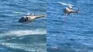 Homem levado pela correnteza é resgatado por helicóptero da PM na Barra; veja momento