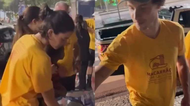 Bruna Marquezine e Shawn Mendes surpreendem ao participar de ação solidária na rua; veja vídeo