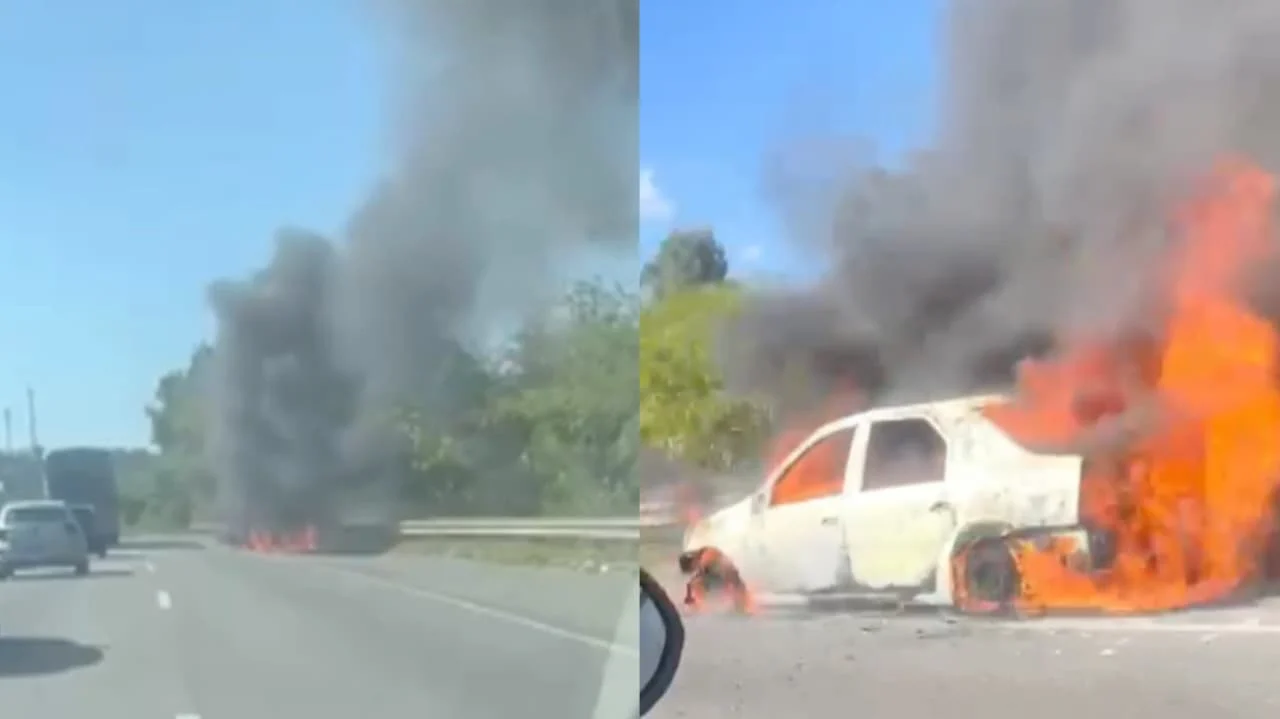 Carro pega fogo e fumaça forte assusta motoristas na BR 324, em Simões Filho