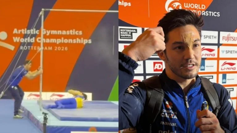 Arthur Nory cai após se desiquilibrar na barra fixa durante apresentação no Campeonato Mundial de Ginástica Artística; veja v